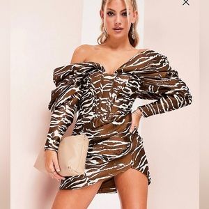 ASOS LUXE off the shoulder mini dress in tiger jacquard